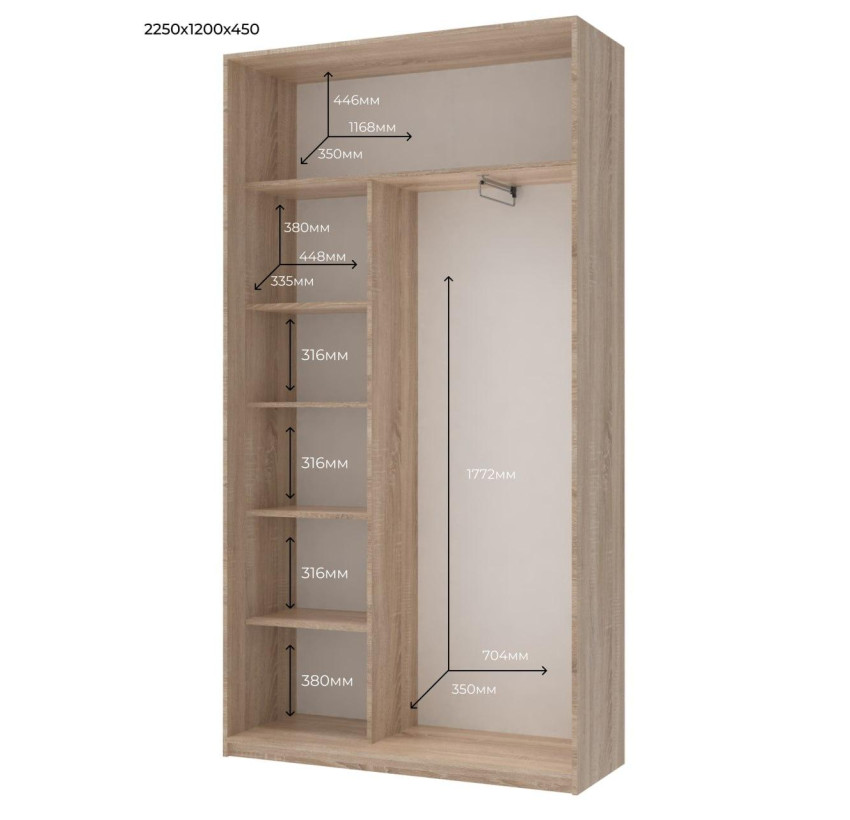 Шкаф купе Doros Сити Лайт Дуб Cонома 2 Зеркала 120х45х225 (44900068)