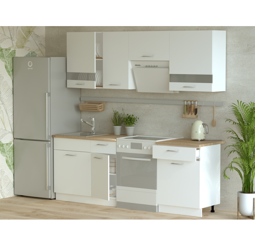 Кухня Doros Лея Белый гладкий / Cонома ДСП / вставки стекло 220х60х250 (80359337)