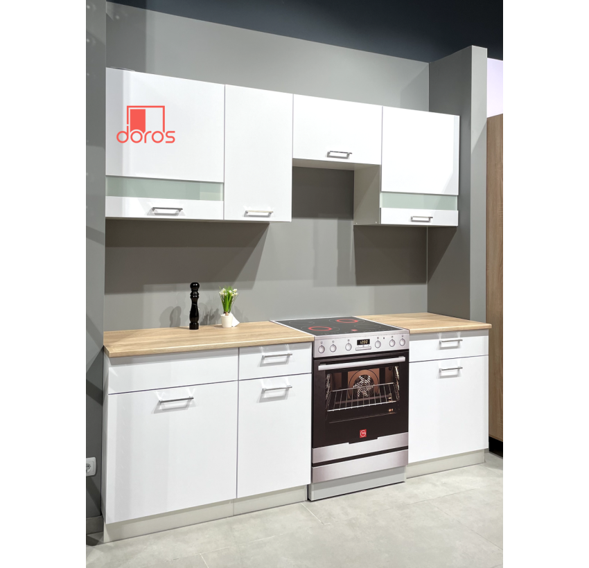 Кухня Doros Лея Белый гладкий / Cонома ДСП / вставки стекло 220х60х250 (80359337)