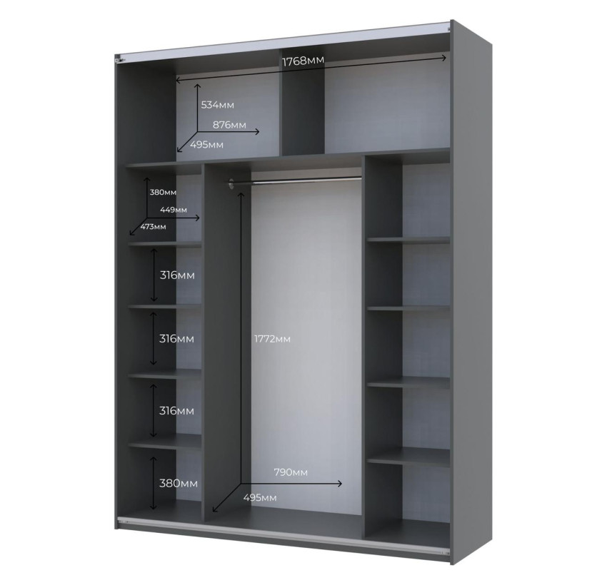 Шкаф купе Doros G-Caiser Графит / Дуб Эвок 1 ДСП / 1 зеркало / 3 части 180х60х240 (42005013)