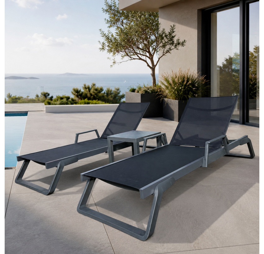Комплект із 2 шезлонгів Siesta Tropic +  Стіл Siesta Ocean Side Table - Dark Grey Black