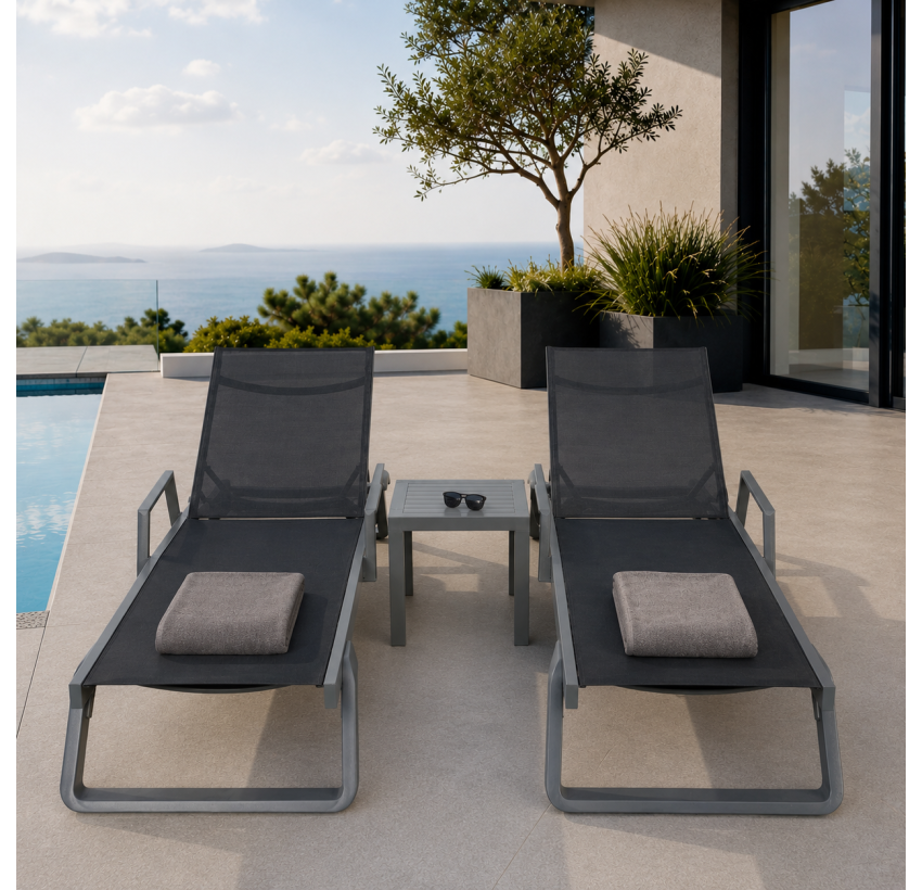 Комплект із 2 шезлонгів Siesta Tropic +  Стіл Siesta Ocean Side Table - Dark Grey Black