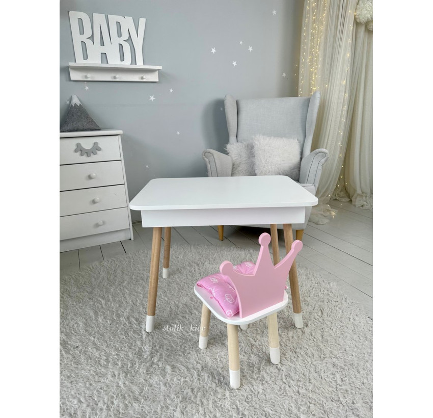 Детский столик белый и стульчик корона розовая. Столик с нишей для карандашей и разукрашек