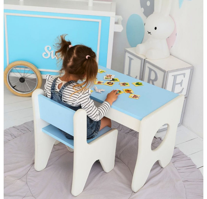 Столик и стульчик для ребенка 70×45×51, детский игральный стол и стул, белый с голубым