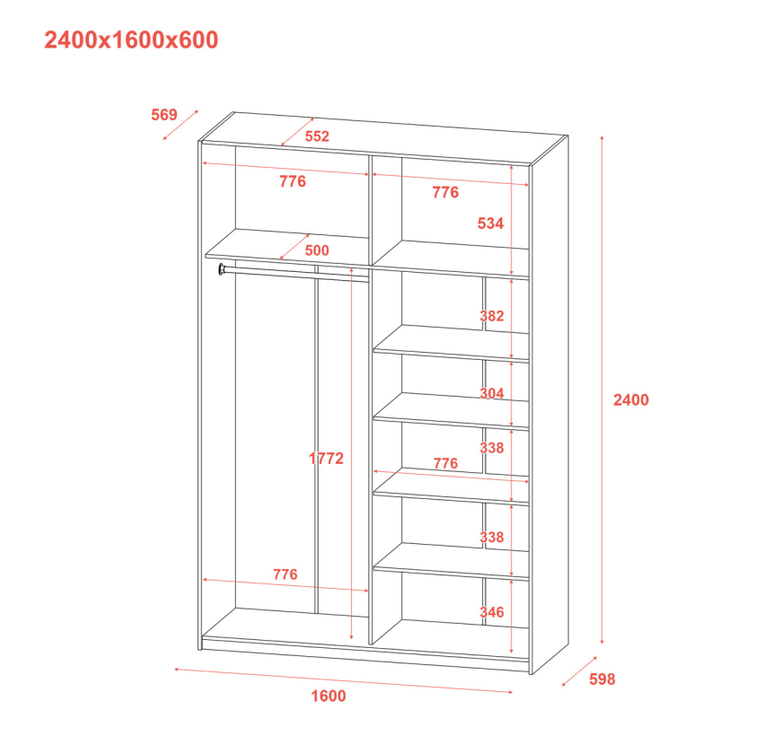 Шкаф купе Doros G-Caiser Антрацит/Антрацит 1 ДСП / 1 Зеркало / 3 части 160х60х240 (42005411)